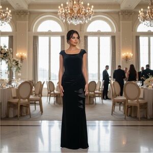 Eliza J velvet sleeveless ruffle gown dress